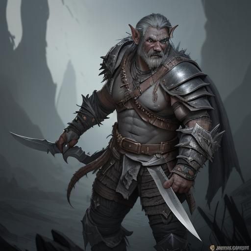 savage male orc bounty hunter with bow and two samll throwing knifes ...