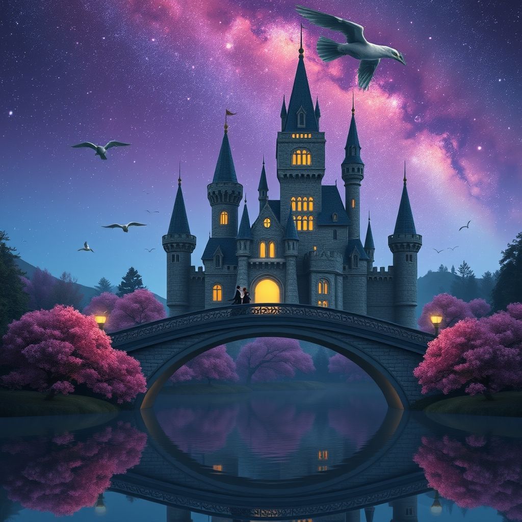 A majestic fantasy castle at dusk
