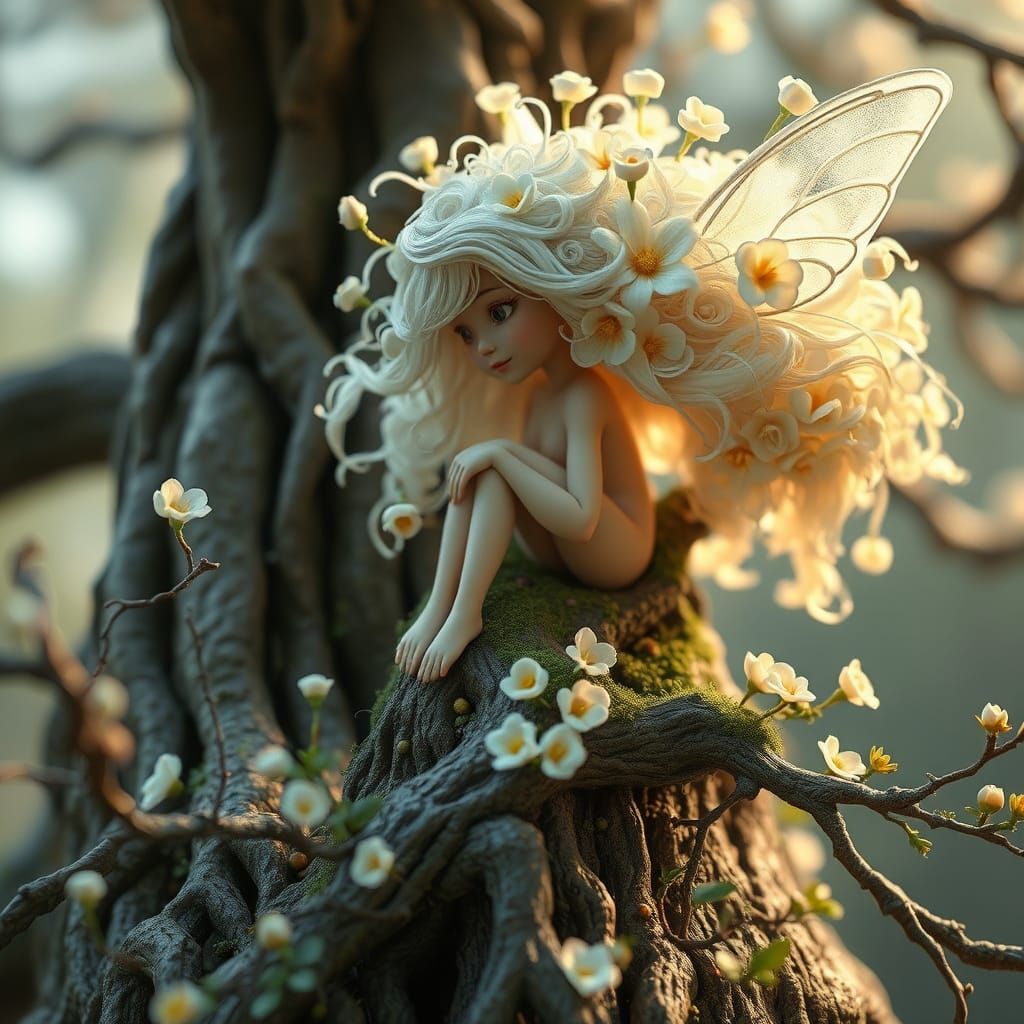 Close up, A whimsical fairy with white hair sculpted into a delicate cascade of flowers, sits atop a ...  by @Thyke