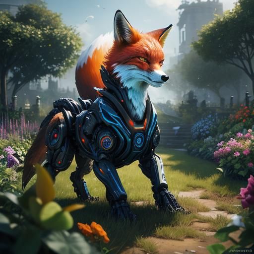 A cyborg fox in a garden. Massive scale and unreal engine. U...