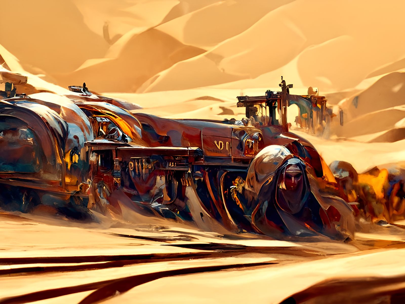 Train racing through the desert detailed matte painting sini...