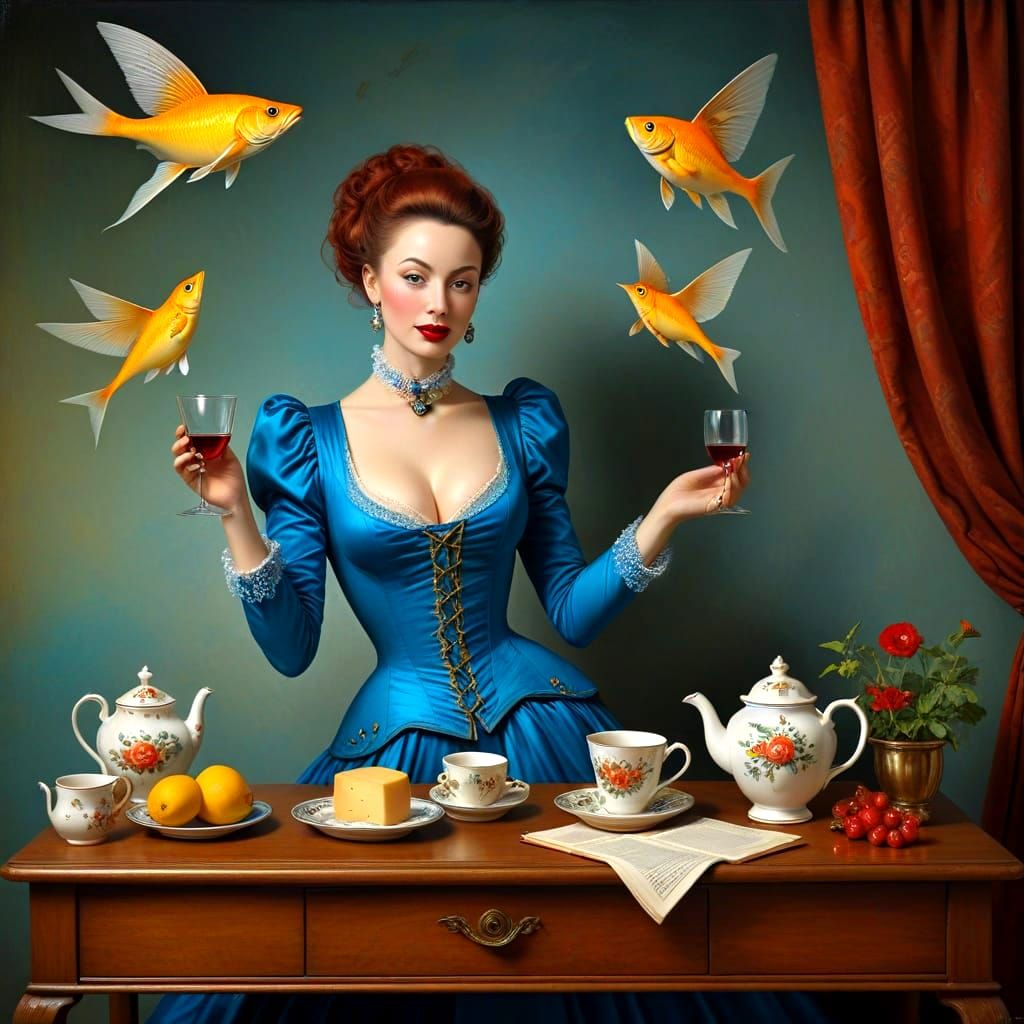 Surrealistic Portrait of a Happy Lady in a Fantastical Scene