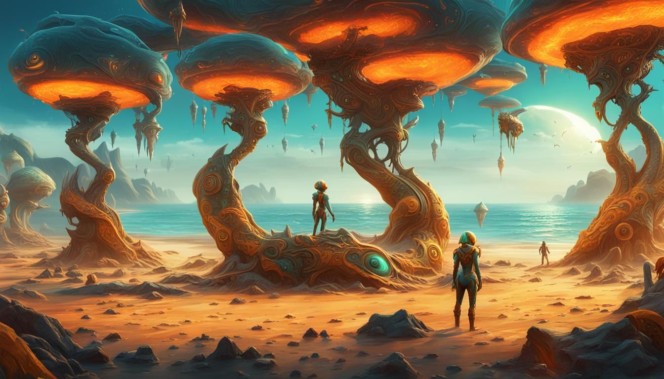 schöne alienfrauen, am strand,alien -pets,türkis,orange, gel...