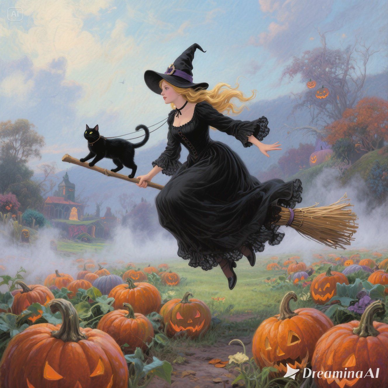 witch in a pointed hat and long black Victorian dress flies ...