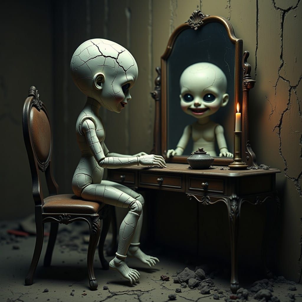 "A porcelain doll with cracked skin and hollow, black eyes sits at a decaying vanity, staring at her reflection in a tarnished mirror. Her r...