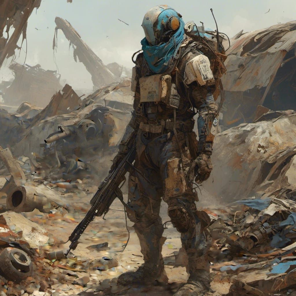 <lora:Scrappers:1.0> A scrapper scavenging parts from a wreck, he looks worn and rusted, with lots of frayed fabric and mismatched material...