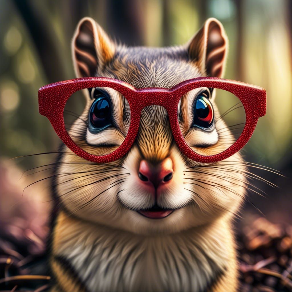 A Chipmunk In The Forest With Large Round Red Glitter Eyeglasses 