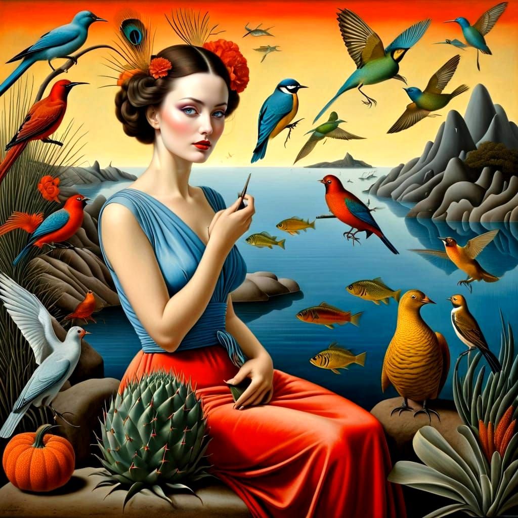 Surreal Woman with Fantastic Animals, Hyperrealistic Digital...