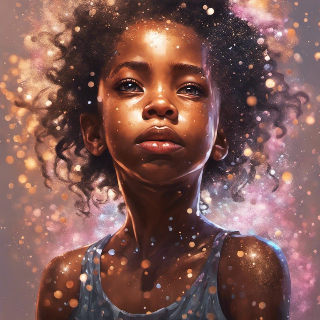 Little African American girl being showered with glitter.