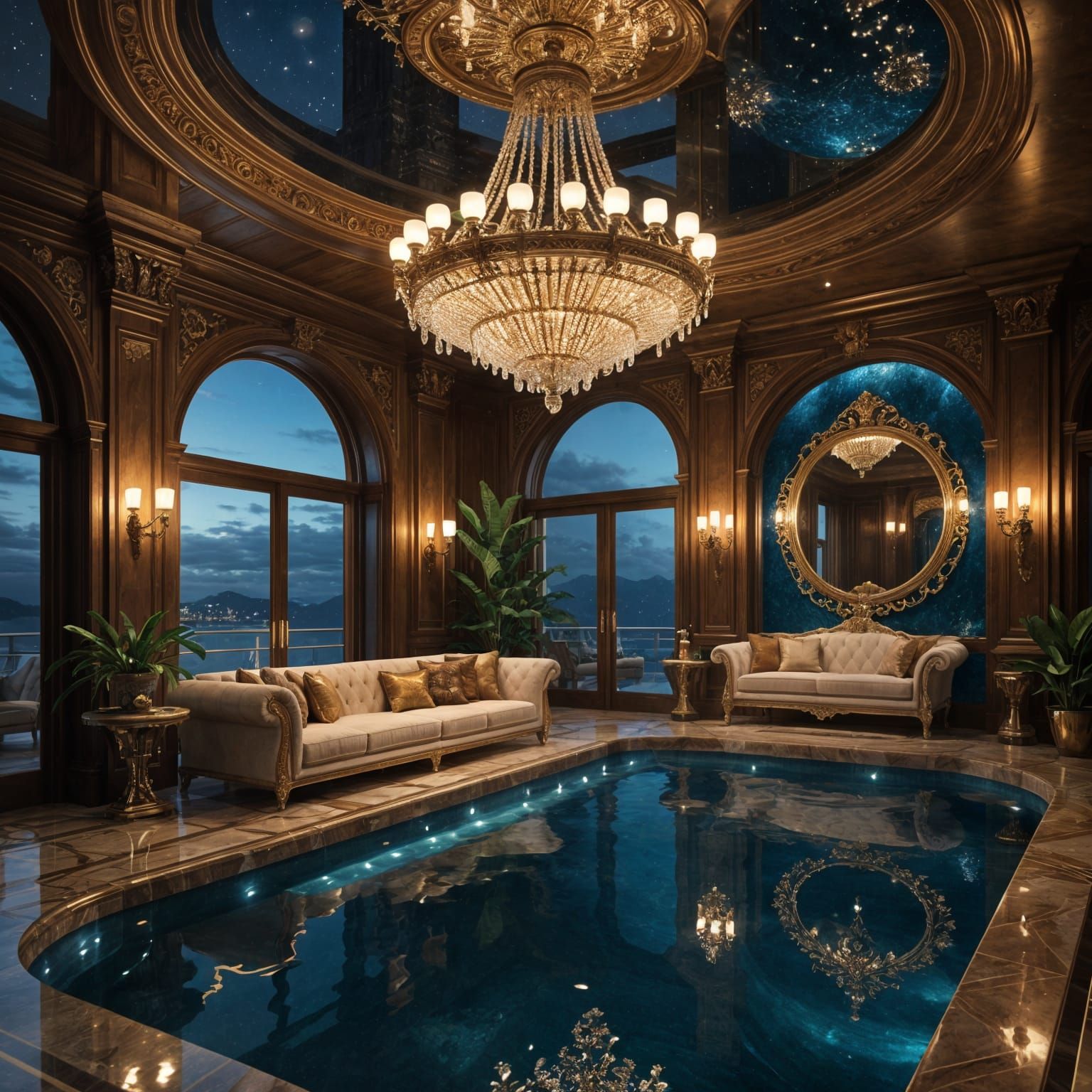 Luxurious Yacht Interior with Mediterranean Cityscape