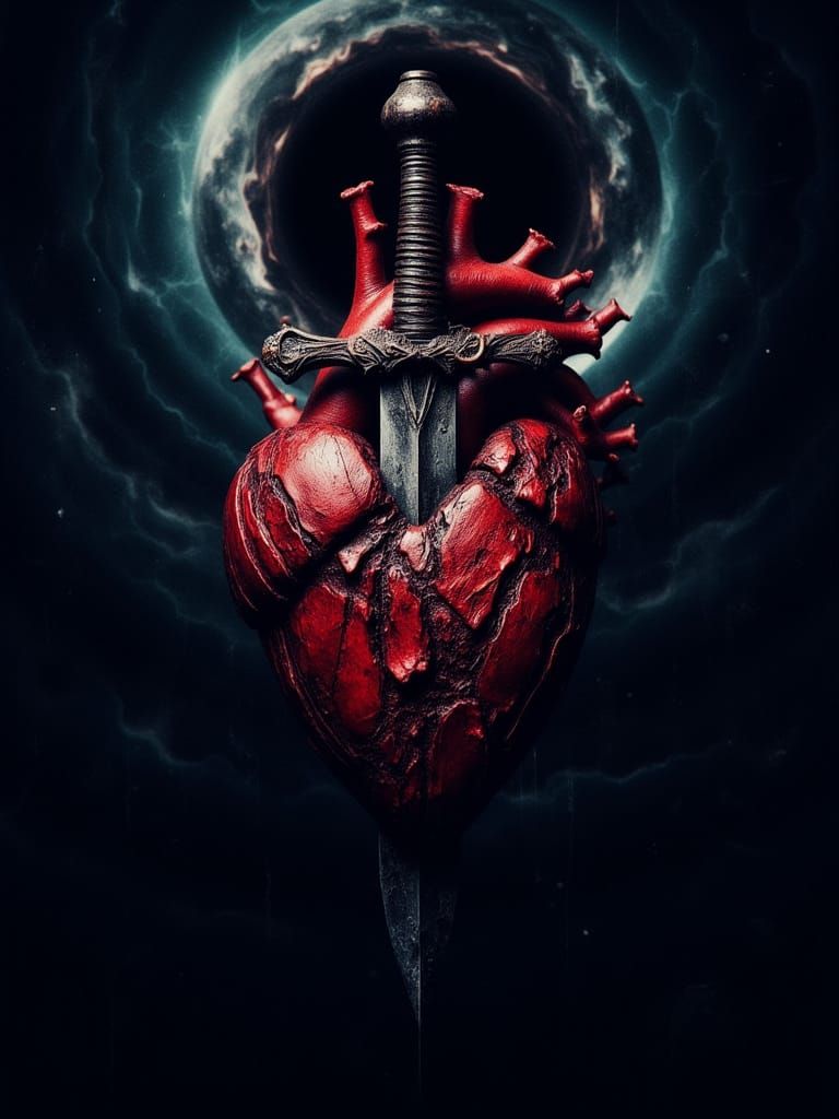 Victorian Heart Pierced by Dagger in Cosmic Black Hole Void