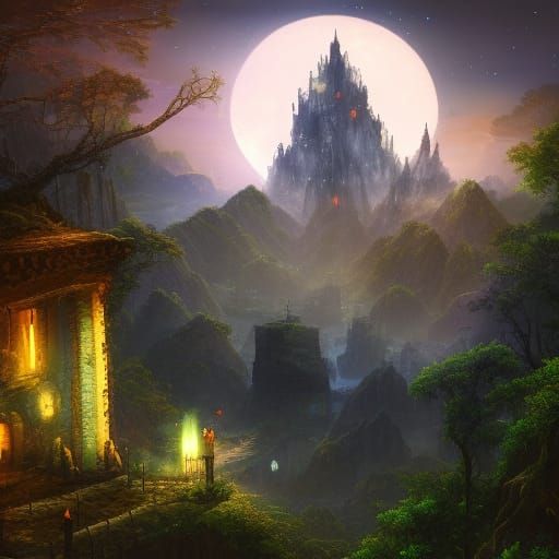 E.g a city in the mountain surrounded by green trees and blu...