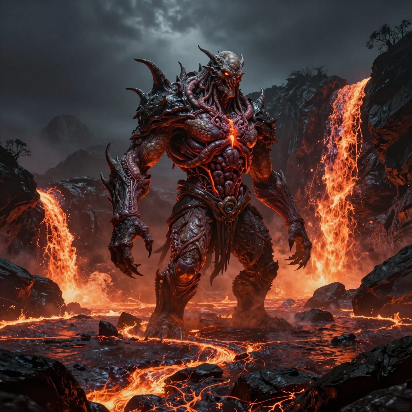 a lizered as big as a mountain that skin is made out of flesh, and you can see its organs and a lava ...  by @vgyxdu