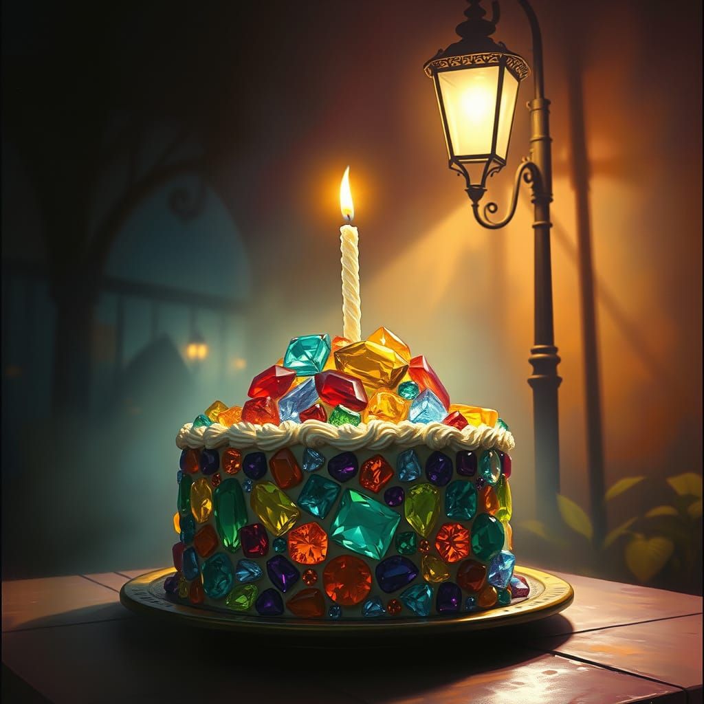 A cake is formed out of gemstones, illuminated by the soft glow of a vintage streetlight.  by @JimAZ