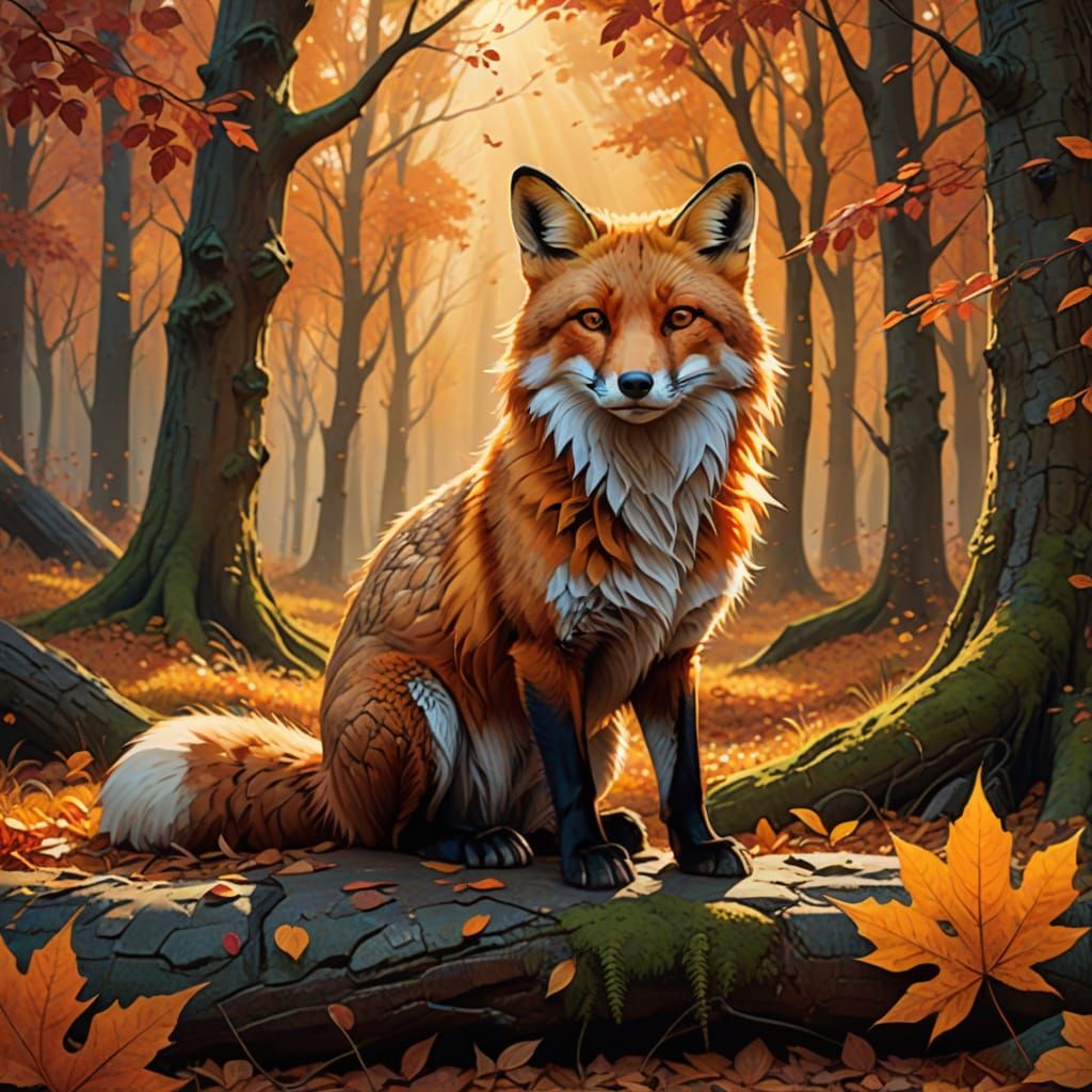 A fox sitting in a forest in the fall, as leaves fall from the trees