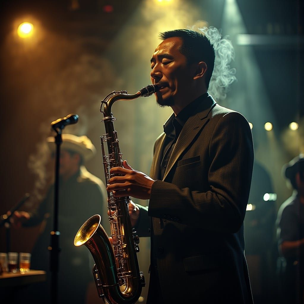 <lora:MJ6 EverydayFlux:1.0> An Asian musician playing saxophone in a dimly lit jazz club, canon lens, shot on dslr, 64 megapixels, sharp fo...