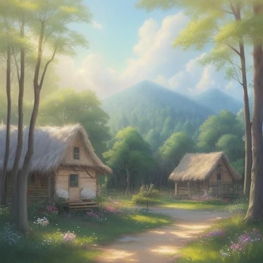 Teddy Bear in Forest Village: Whimsical Watercolor