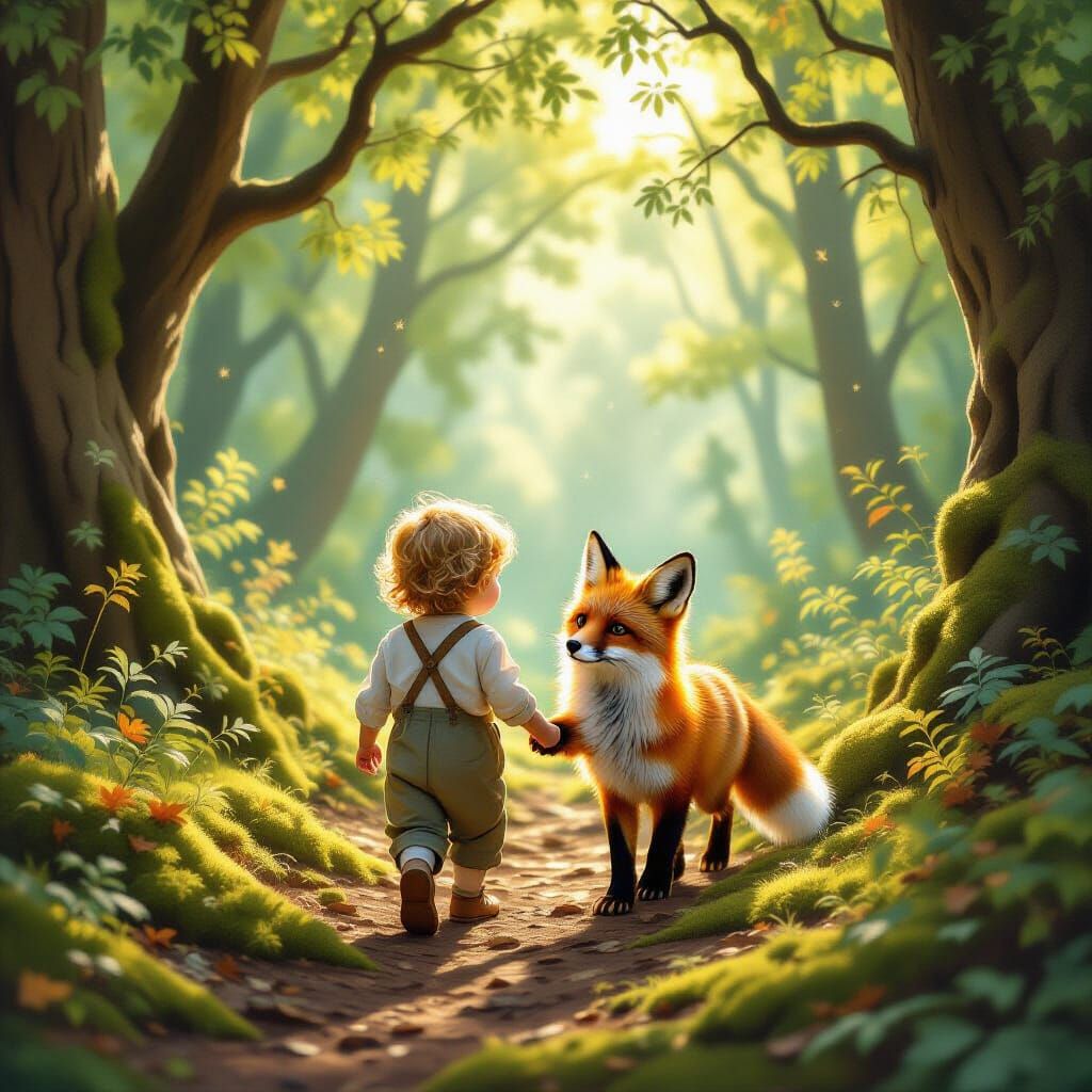 Child and Fox in Enchanted Forest
