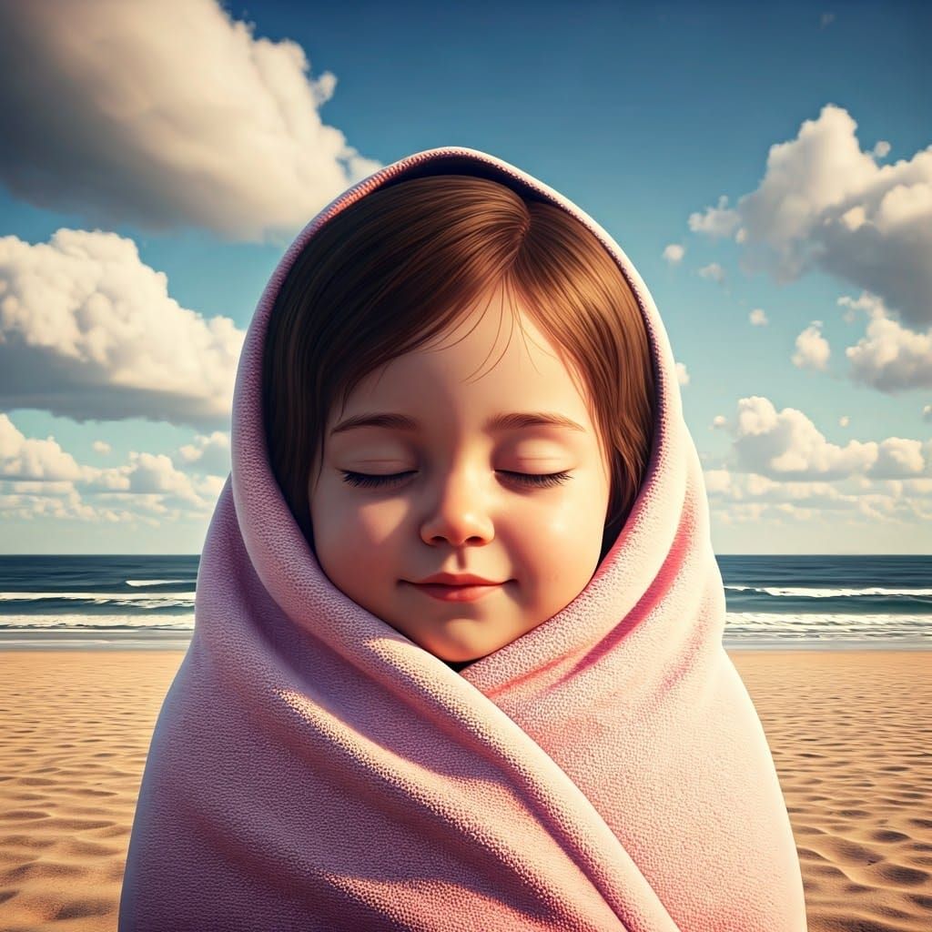 A Serene Young Girl Sleeps Peacefully on a Tranquil Beach