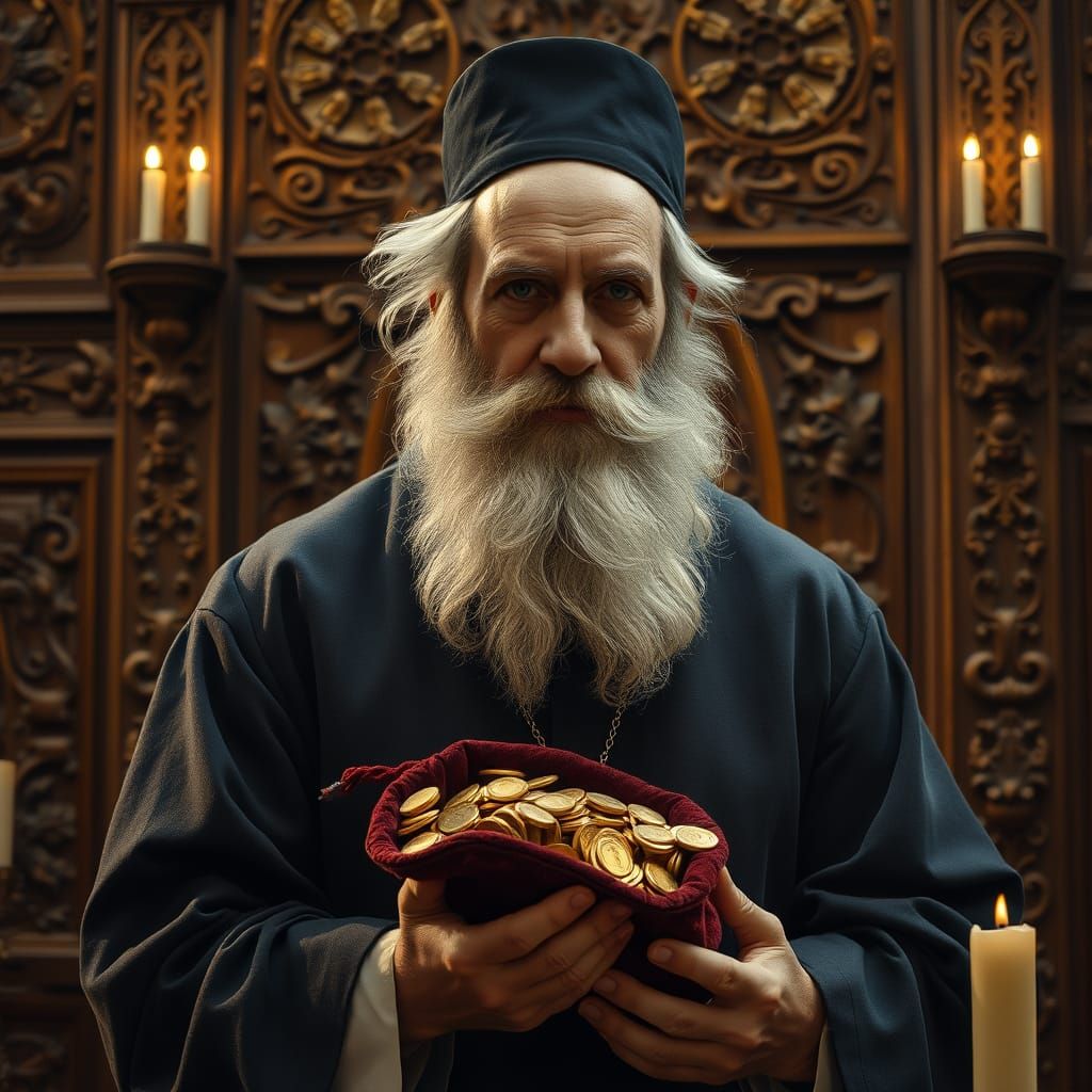 Rabbi Holding Gold Coins in a Traditional Synagogue Setting