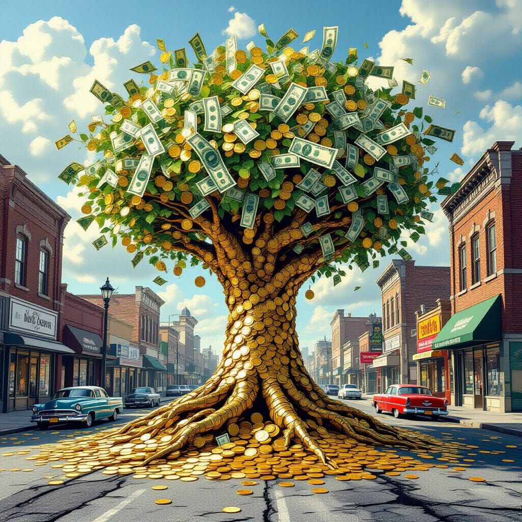 A colossal, ancient tree with roots made of intertwined gold coins and banknotes, growing through the cracked pavement of a deserted city st...