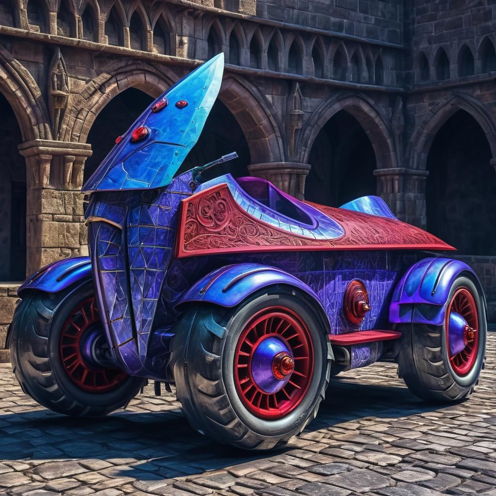 Cybernetic vehicle on 6 wheels, white and purple, with fins ...