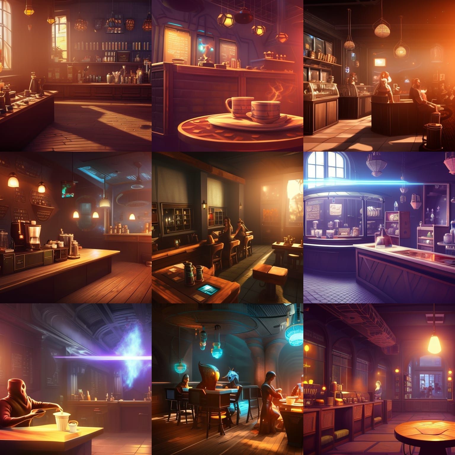 a magic coffee shop in the nebula 3D Game Cinematic Feel, Epic 3D ...