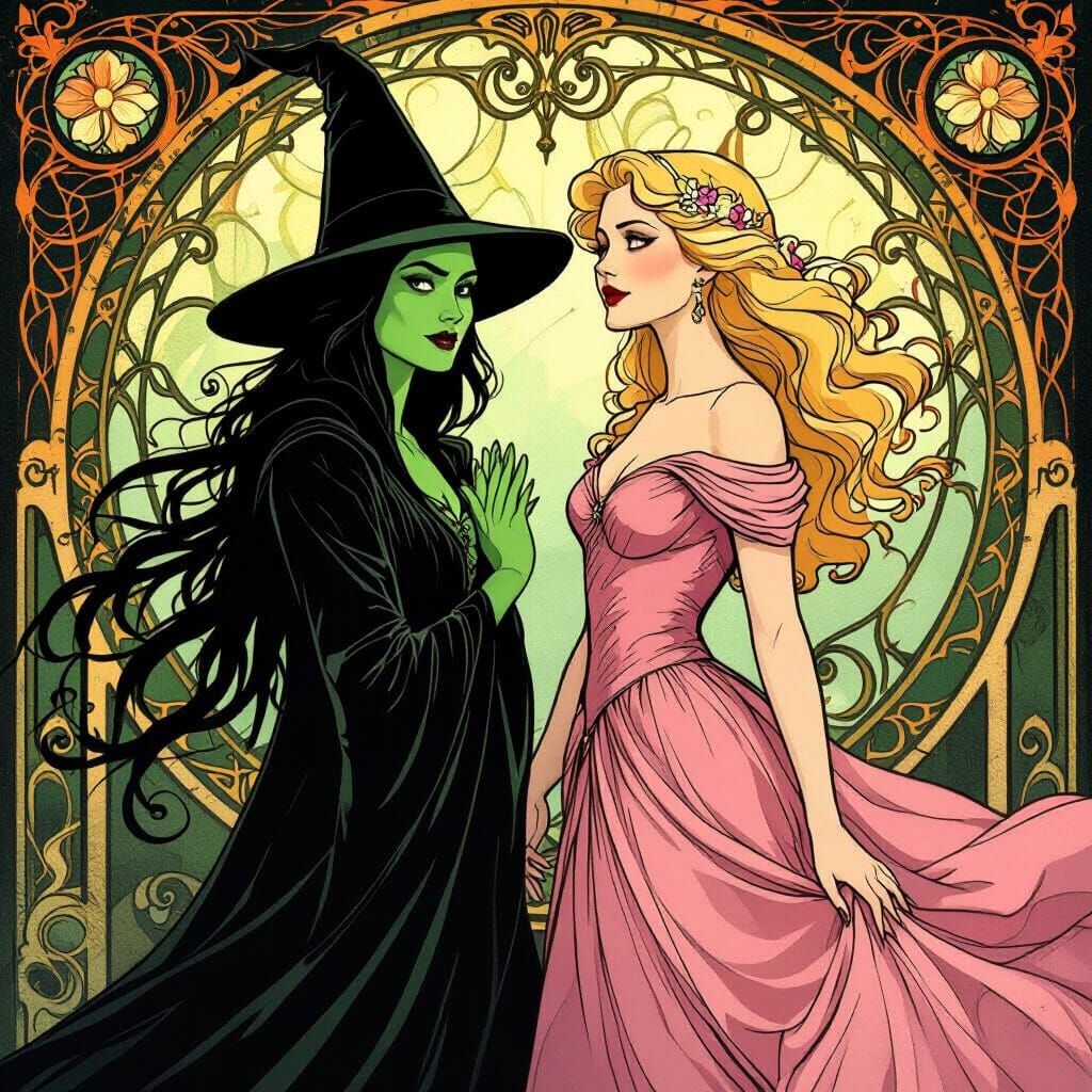 Elphaba and Glinda in Theatrical Art Nouveau Style