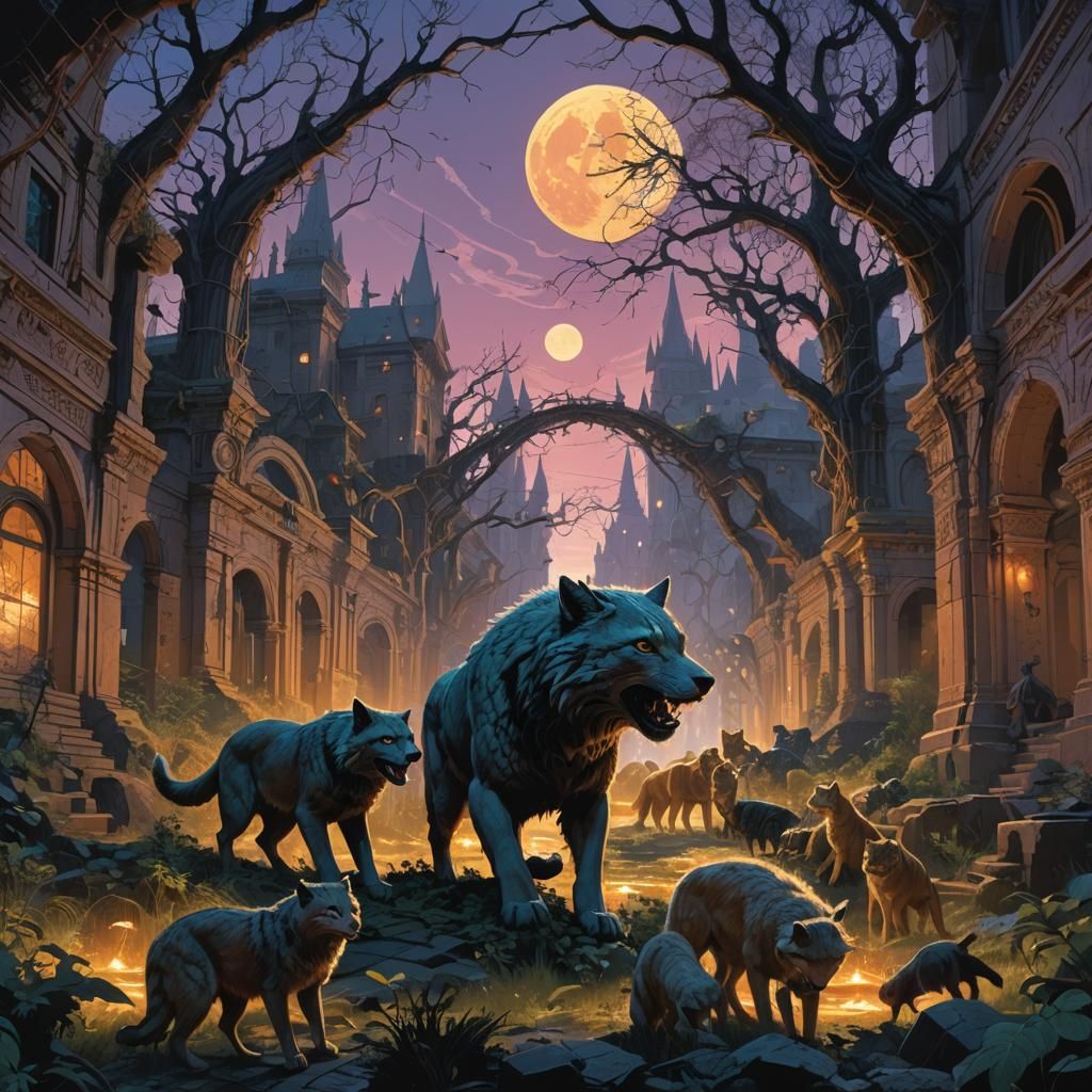 Mythical Felines Clash in Ancient Metropolis