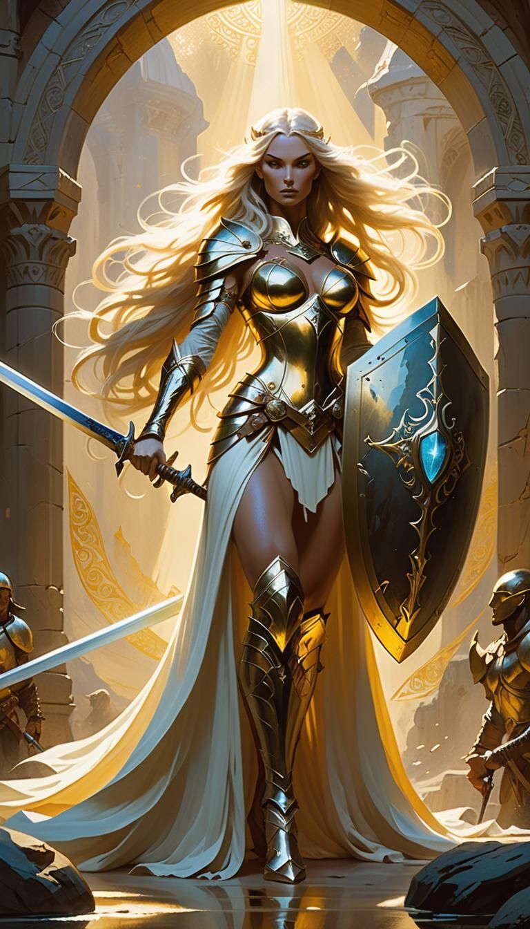 A full body portrait of a beautiful and powerful goddess. Sh...