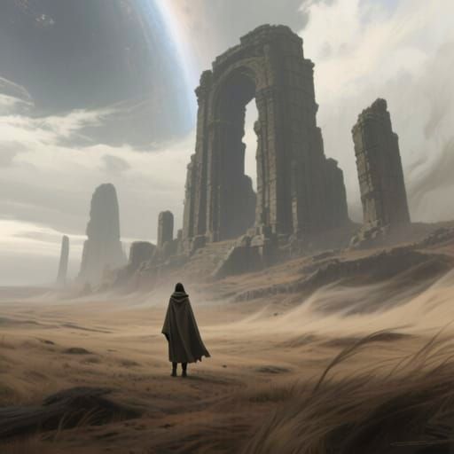 A solitary figure in a cloak stands on a desolate, windswept plain under a sky filled with colossal, ancient ruins. The figure is small agai...