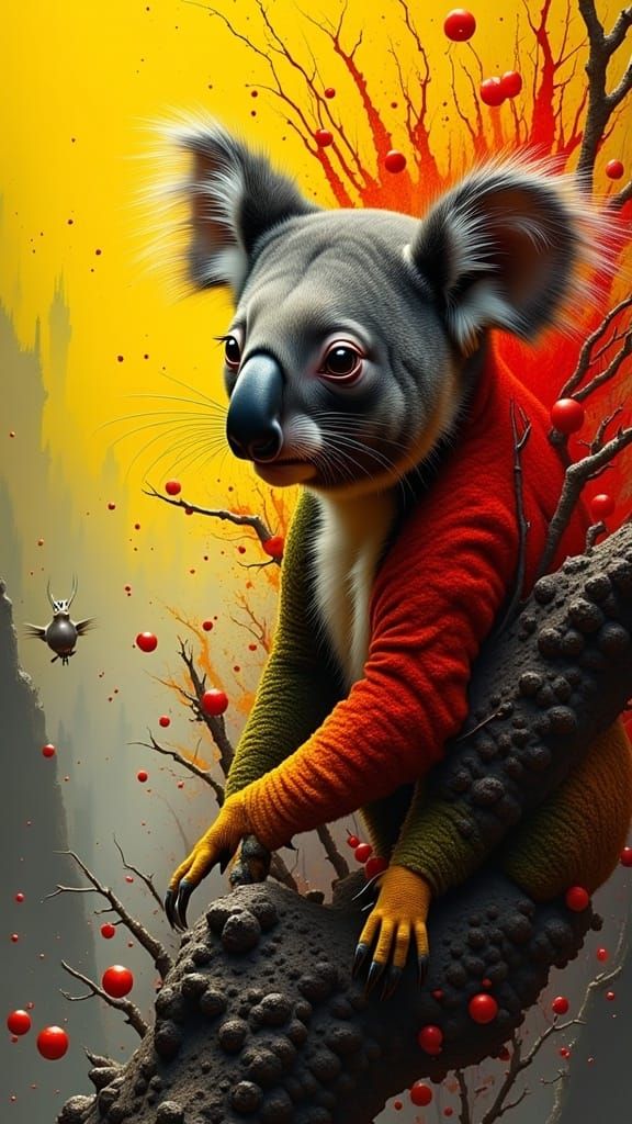 <lora:PandoraBox:1.0> Yellow and red koala, black and grey and white, splash_art, Hunter S Thompson, Mo Dean, whimsical, cartoonist comic bo...