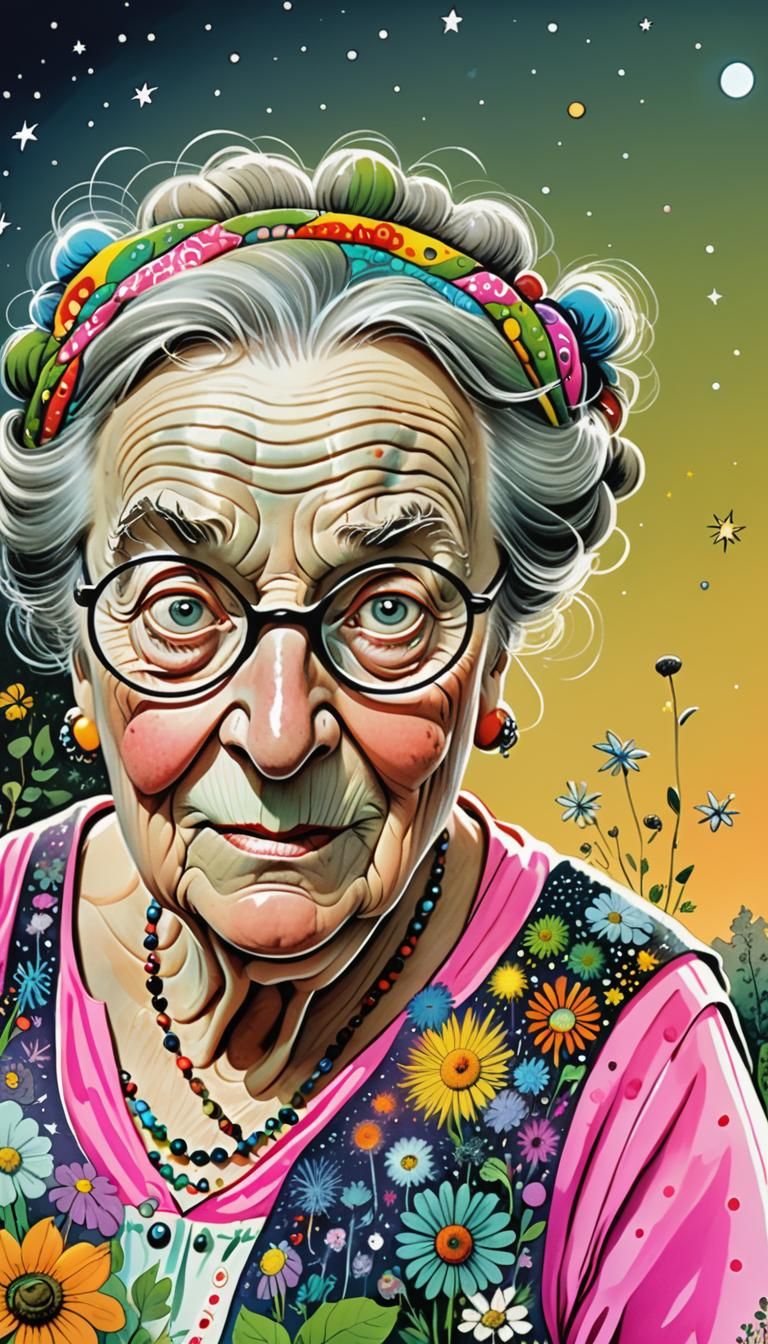 Faether on.
Illustration by Peter Brookes, Quentin Blake, Ronald Searle, Roald Dahl. Surreal, whimsical image of a chubby hippie grandma standing in her...