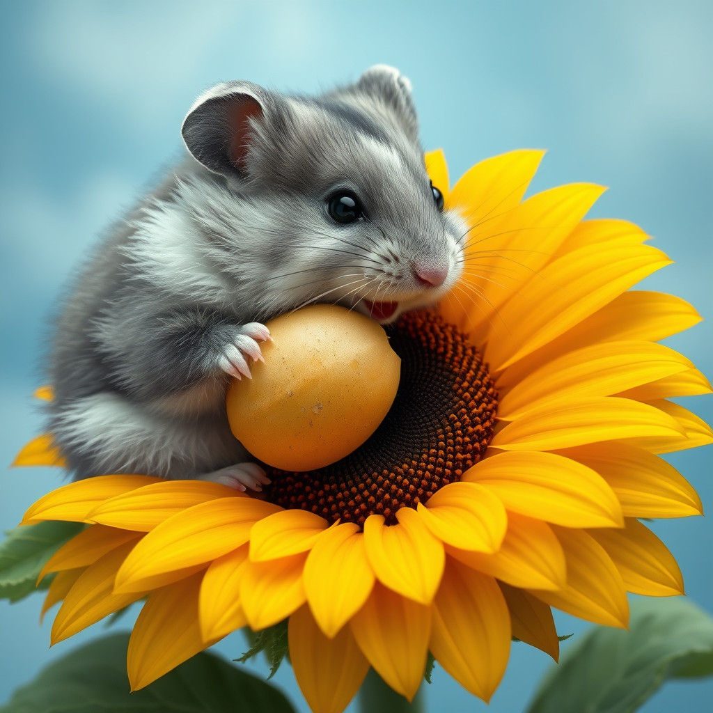 hamster eating sunflower seed , sitting on the sunflower+ , ...