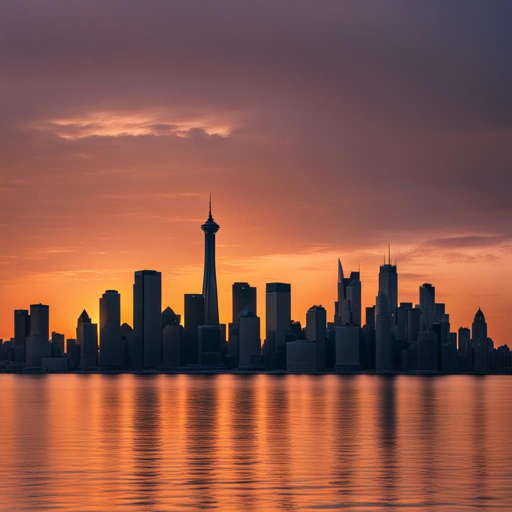 City skyline across the water at sunset