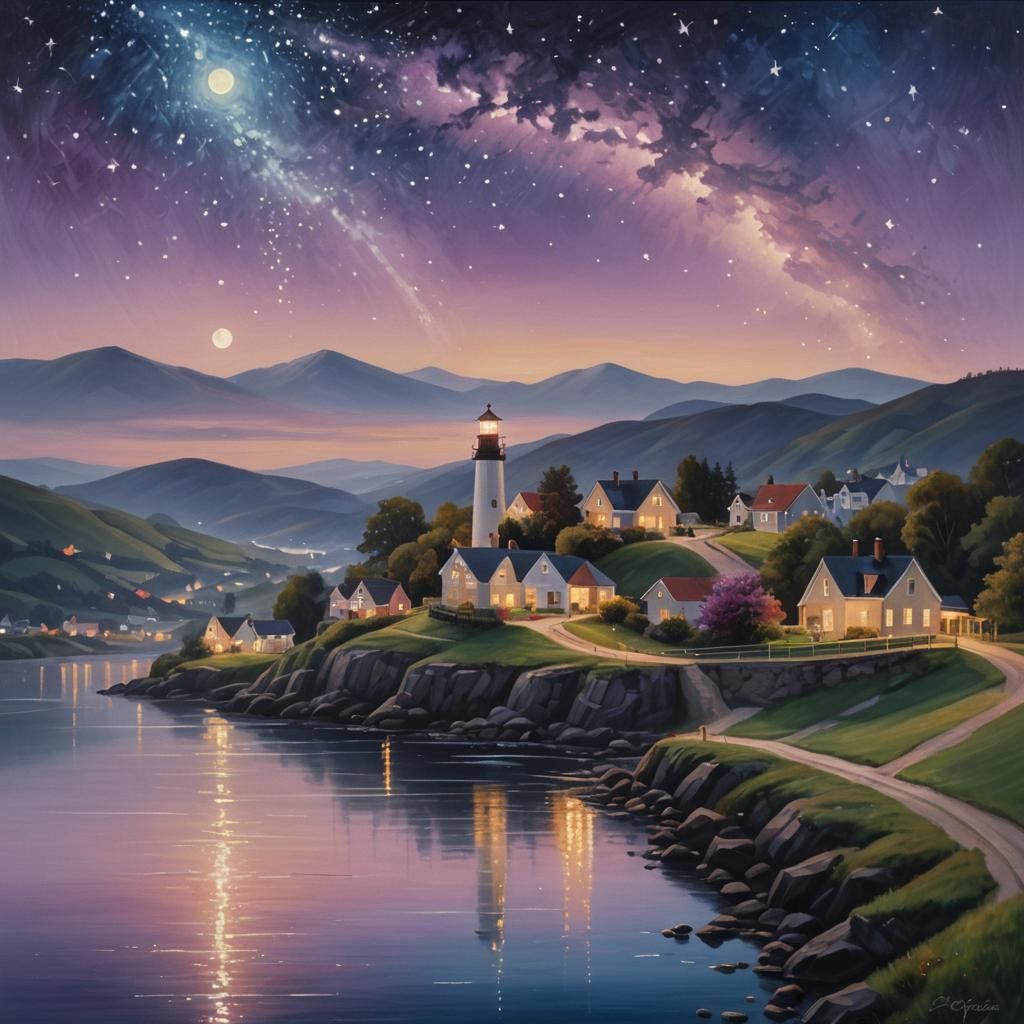 A river runs between 2 hills, on one hill there is a lightho...