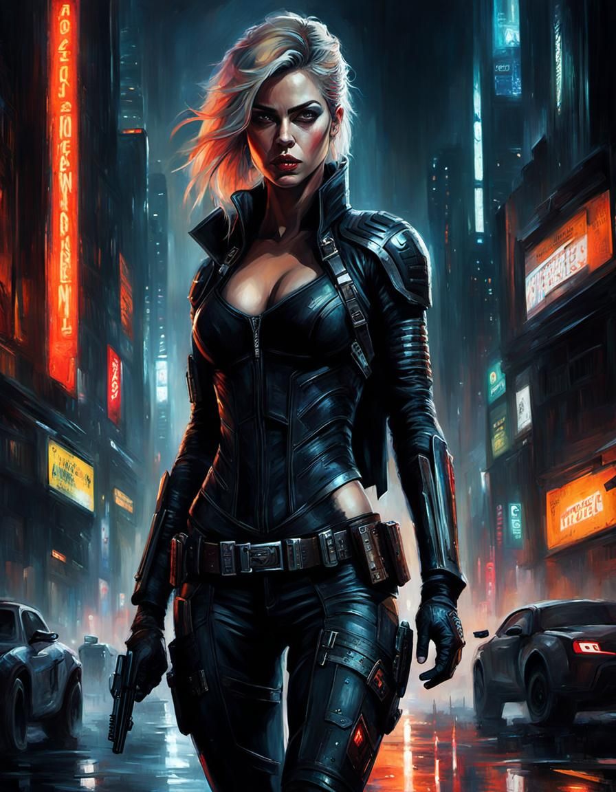 An oil painting of a Cyberpunk Woman in the City at Night - AI ...