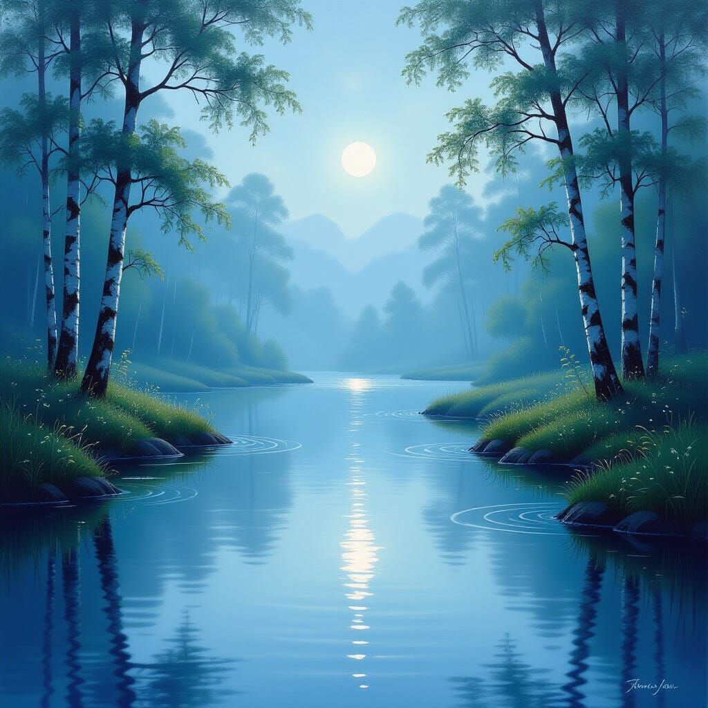 An artistic and moving image of a quiet landscape after rain, with water droplets feathering in soft light. An atmosphere of calm and hope, ...