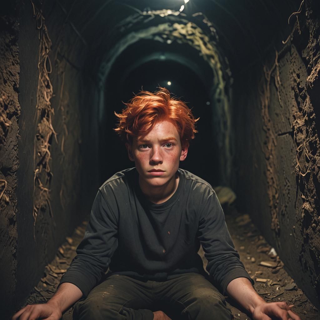 Red-Haired Boy in Dark Tunnel: Cinematic Film Still