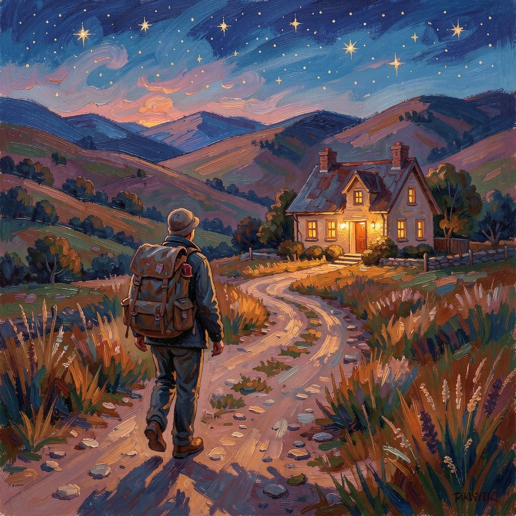 Twilight Journey to a Cozy Cottage Oil Painting
