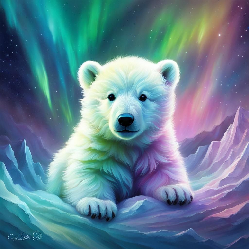 Polar bear cub with Aurora Borealis