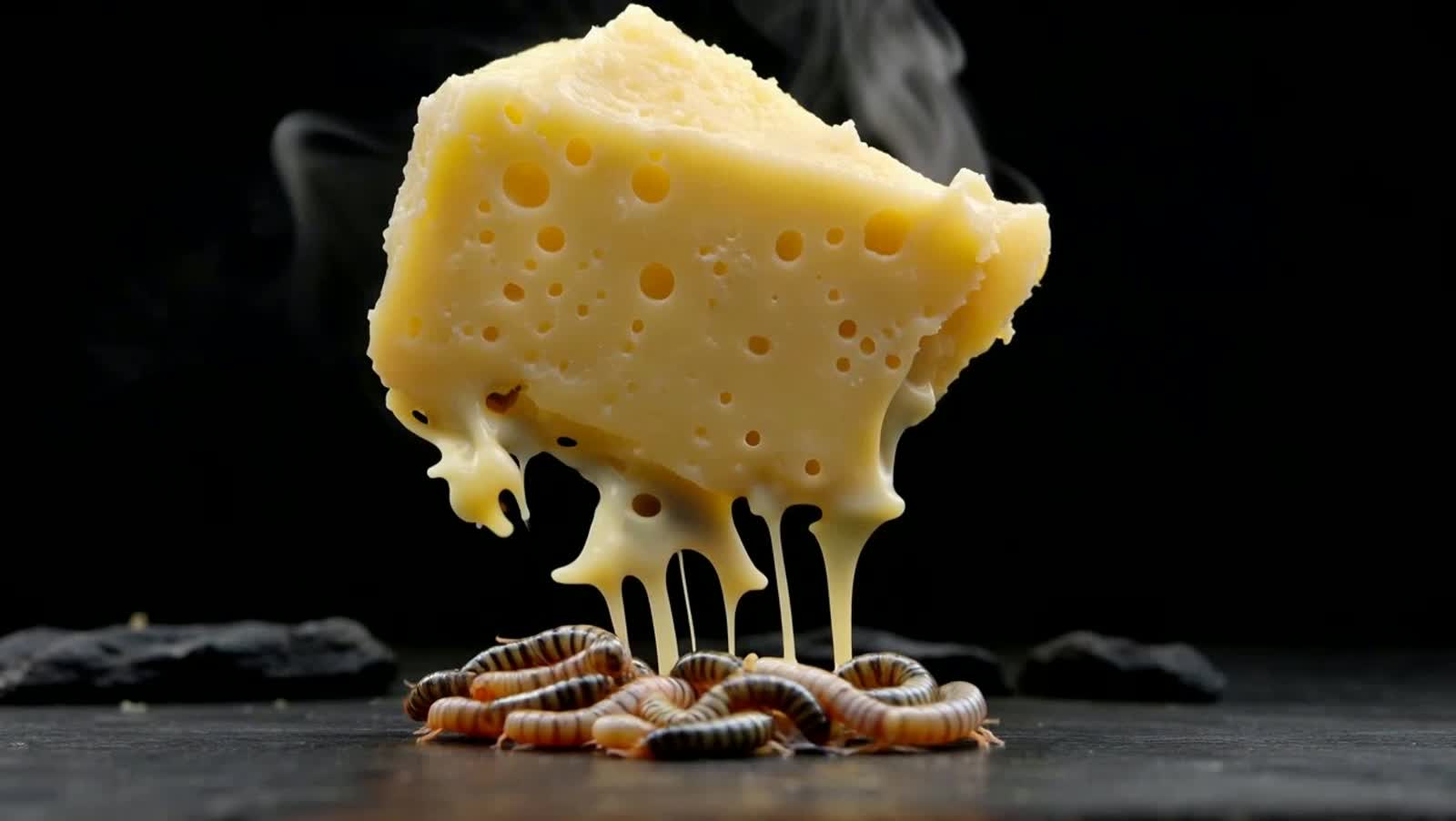 A chunk of cheese  melts into a pile of maggots