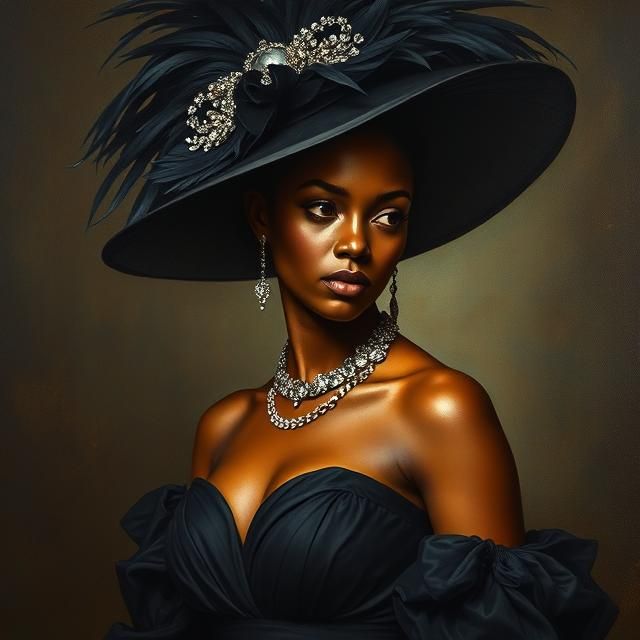 POISED BLACK WOMAN IN A DRAMATIC BLACK STRAPLESS GOWN AND AN...