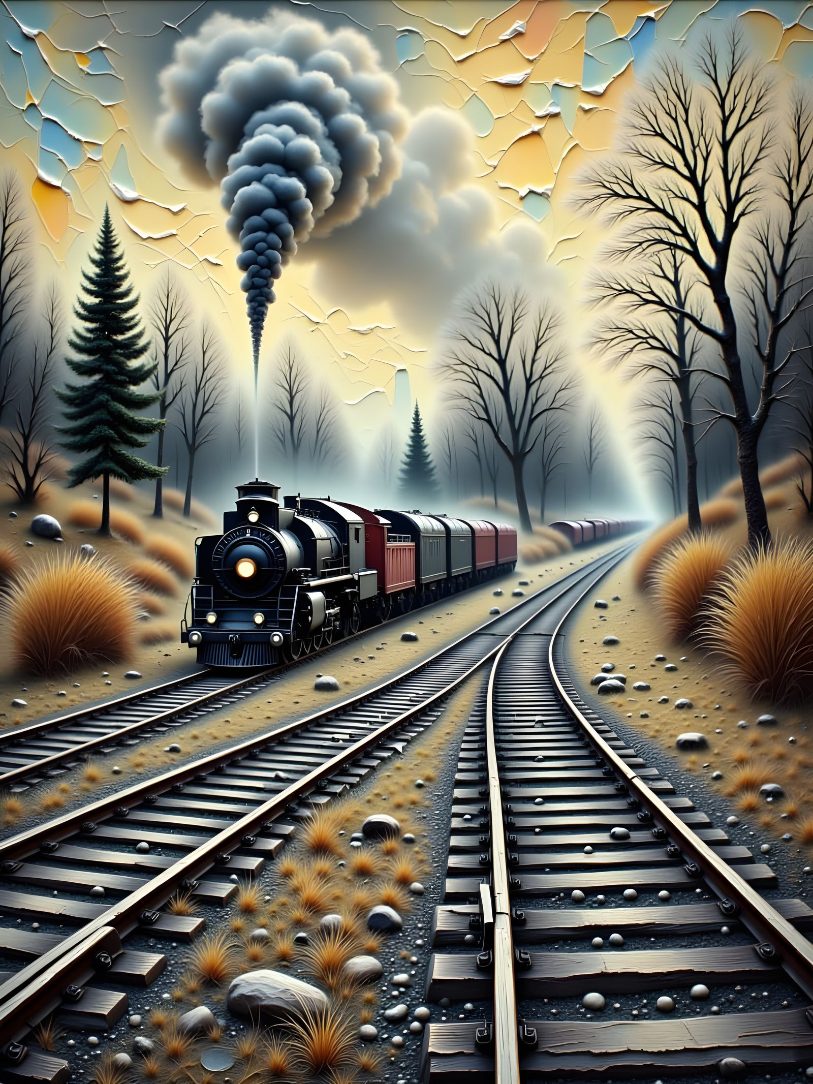 Surreal Landscape with Incidental Trains and Soft Lighting