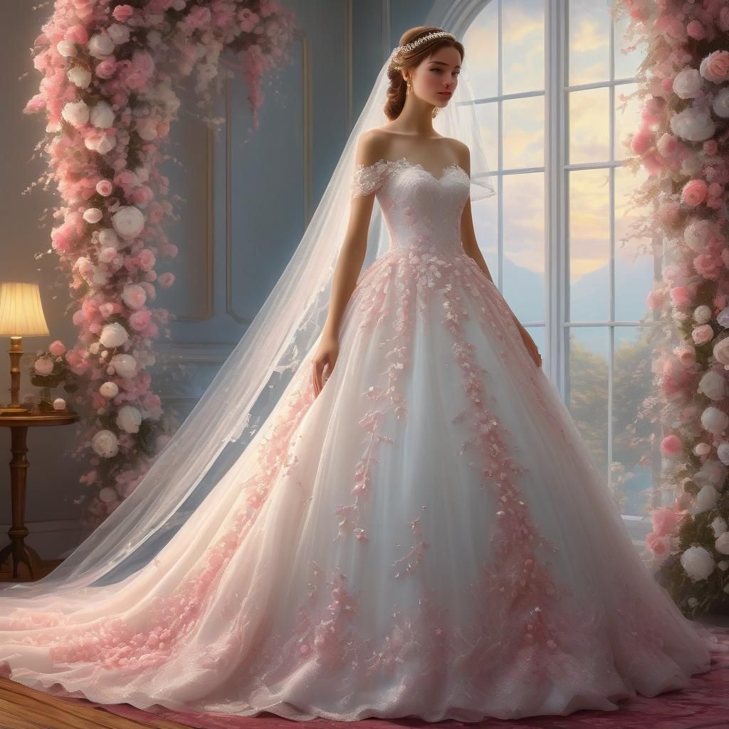beautiful bride wearing a white dress of tule , beautiful de...