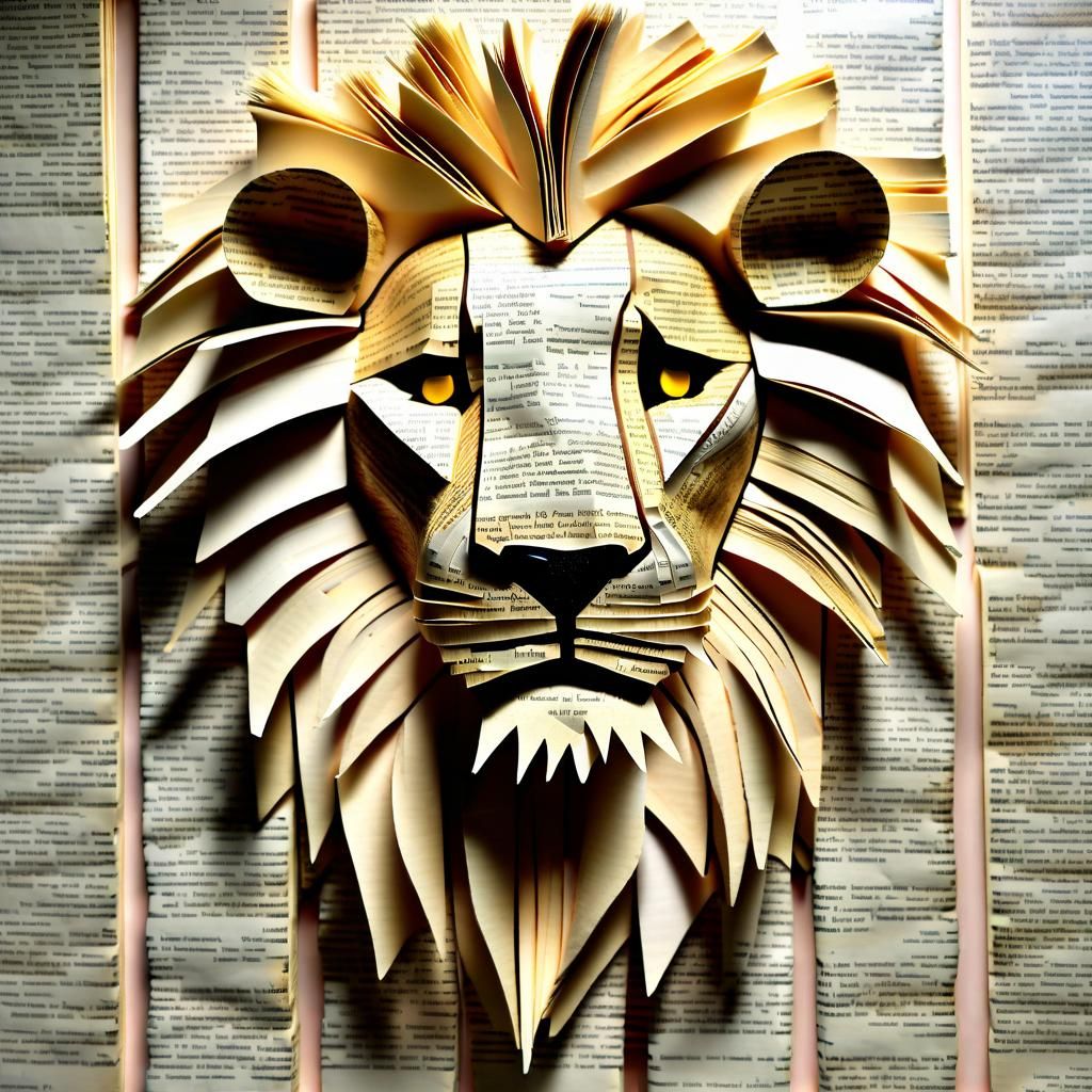 A lion made of book pages.