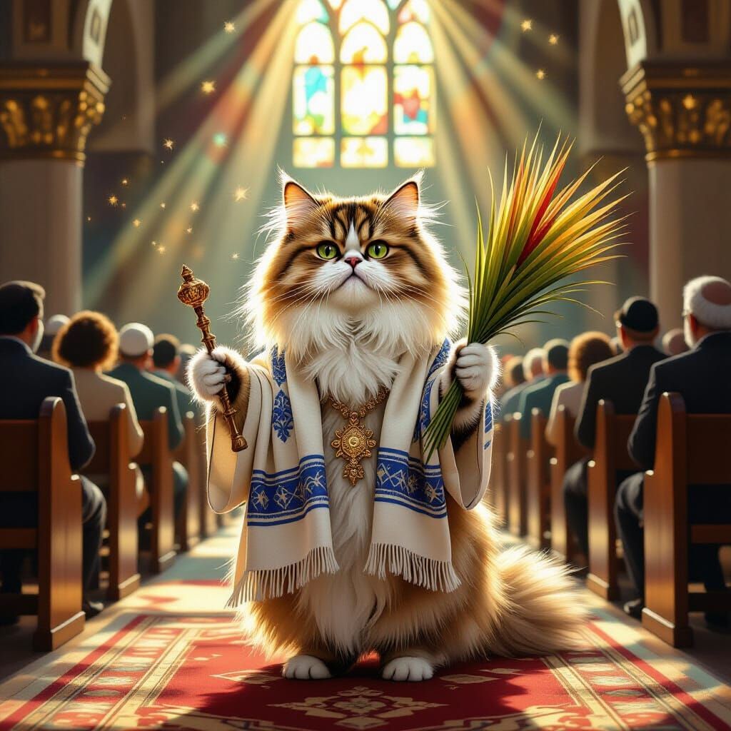 Persian Cat in Synagogue Holding Lulav and Etrog