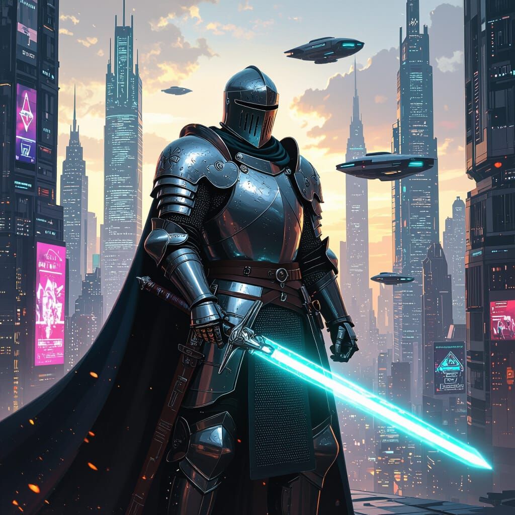 A hyperrealistic portrait of a medieval knight standing in a futuristic cityscape, clad in shining armor and holding a laser sword. The back...