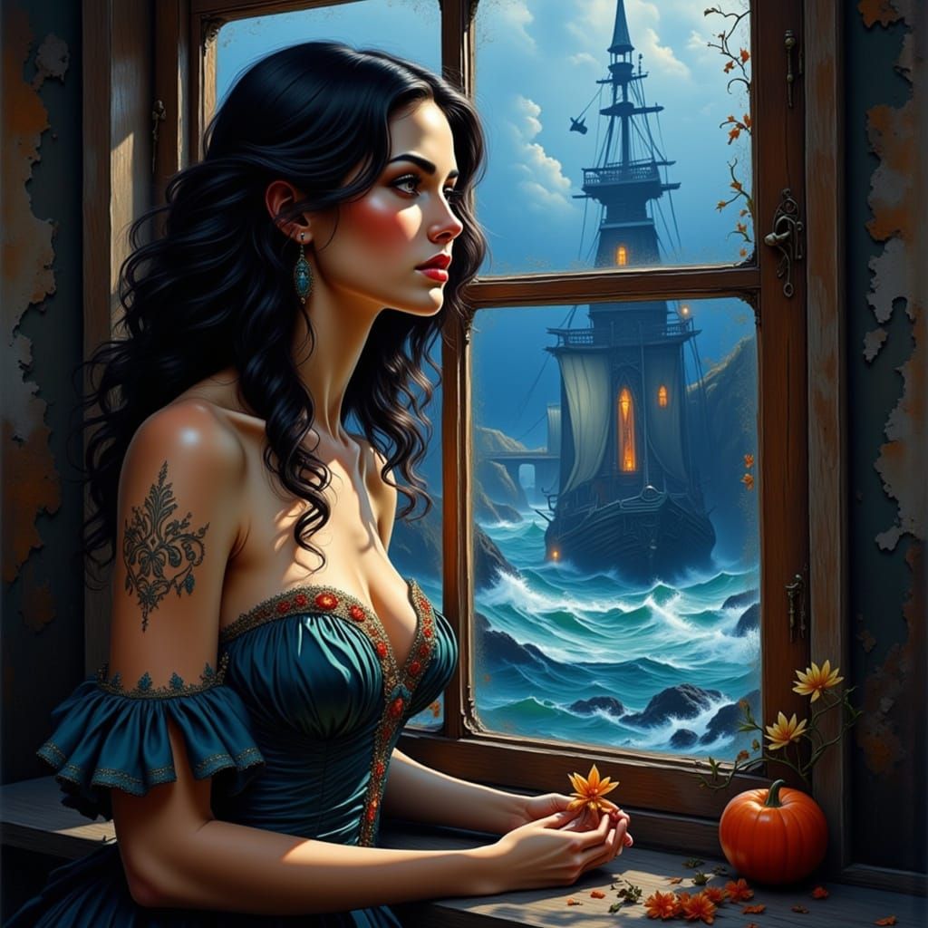 Brunette Woman Gazes at Stormy Sea in Oil Painting