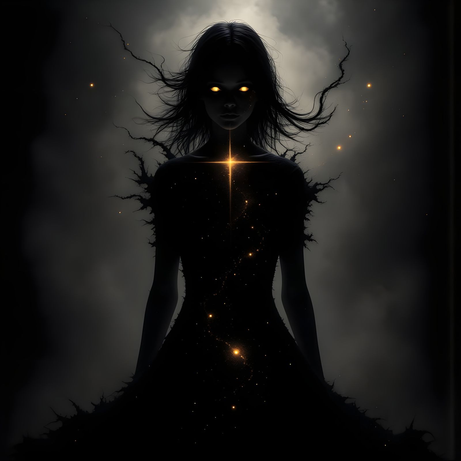 <lora:StarryEyes:1.0> A surreal, dreamlike female silhouette rendered in black, contrasted with glowing, luminescent details
